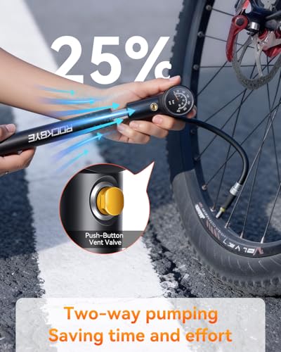 Onvian Portable Bike Pump with Gauge, 300 PSI High Pressure Bicycle Tire Pump & Shock Pump, Mini Hand Pump for Presta and Schrader Valve, Front Fork Rear Suspension, Air Bleed Button