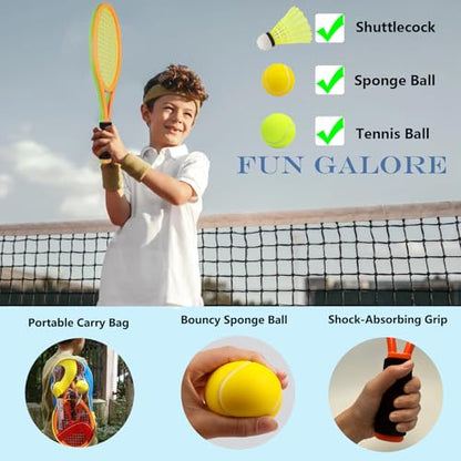 Kids Tennis Racket 17 Inch Lightweight for Junior Toddlers - Includes 2 Tennis Balls, 2 Sponge Balls, 4 Shuttlecocks & Carry Bag - color: Green & Orange