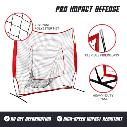 ZENY 5'x5' / 7'×7' Baseball Softball Practice Net Hitting Batting Catching Pitching Training Net with Carry Bag, Baseball Training Equipment - style: 7x7ft- Red Strike Zone