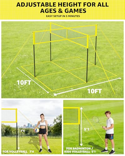 VICHTOP 4 Square Volleyball Game Set - 4 Way Cross Net for Backyard & Beach, Portable Outdoor Volleyball Badminton Combo Net, 4 Person Four Square Volleyball Net with Carrying Bag