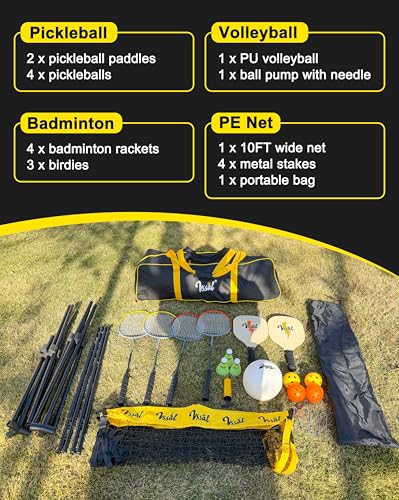 3-in-1 Portable Badminton, Volleyball & Pickleball Net Set for Adults, Adjustable Height 34"–7 ft for Backyards or Beach, Outdoor Sports Combo with Carry Bag, Rackets, Paddles & Balls - style: 10 ft wide Half Court Net