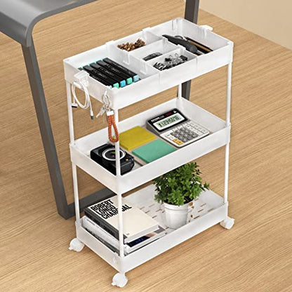 SPACELEAD 3 Tier Rolling Cart with Wheels, Storage Craft Art Trolley Organizer Serving, 3 Hanging Baskets Easy Assembly, for Office, Bathroom，Living Room, Kitchen, White - color: White