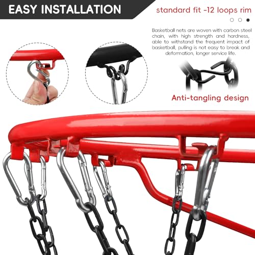 Basketball Net Heavy Duty Replacement,Carbon Steel Chain Basketball net, Anti-Rust Use Indoor Outdoor Standard 12 Loops Hoop - color: Black