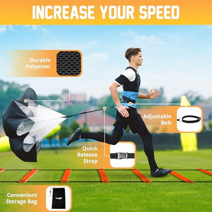 Yes4All Agility Ladder Speed Training Equipment Set - 1 Adjustable Agility Ladder, 12 Soccer Cones, 5 Hurdles, Jump Rope, Running Parachute - Speed & Agility Training Equipment for All Ages - color: B. Set Orange