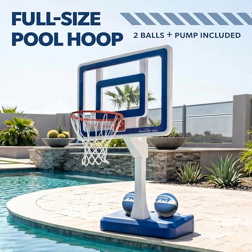 GoSports Splash Hoop Elite - Adjustable Height or Fixed Post - Pool Hoop Basketball Game with Water Weighted Base, Regulation Steel Rim and 2 Pool Basketballs - color: Elite Adjustable - Blue