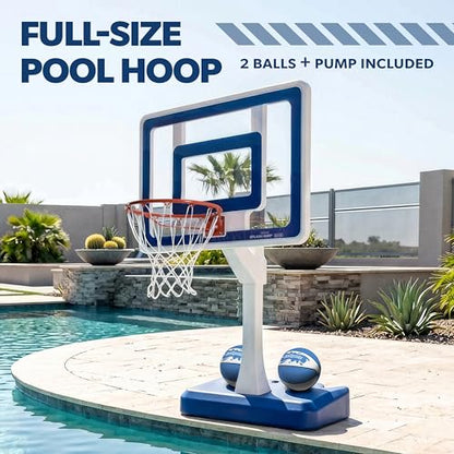 GoSports Splash Hoop Elite - Adjustable Height or Fixed Post - Pool Hoop Basketball Game with Water Weighted Base, Regulation Steel Rim and 2 Pool Basketballs - color: Elite Adjustable - Blue