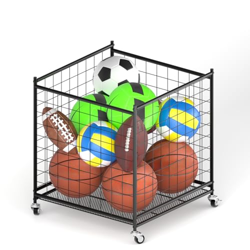 Ball Storage - Basketball Cart With Wheels Garage Volleyball Storage Sport Equipment Holder Organizer For Indoor Outdoor,Metal Storage Rack For Playgroup,Gym And School - style: Small ball basket cart