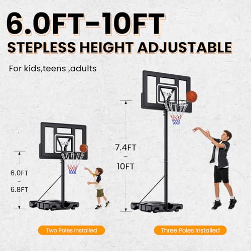 Portable Basketball Hoop 44” Backboard, 6–10FT Adjustable Outdoor Basketball Goal with Stable Fillable Base & Wheels, Shatterproof System for Kids, Teens & Adults - color: Black