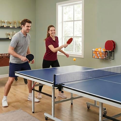 MyGift 12 Inch Wide Table Tennis Equipment Organizer Rack, Wall Mounted Metal Paddle Holder with Ping Pong Ball Storage 5 x 5 Inch Size Basket