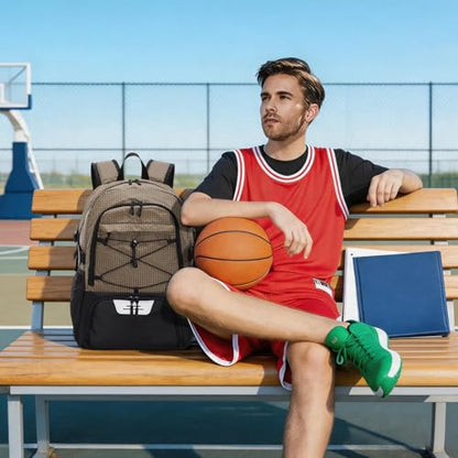 HUA ANGEL Basketball Backpack, Large Sports Bag with Separate Ball Holder & Shoe Compartment, Men/Women Gym Backpack for Basketball Soccer Volleyball - color: Brown