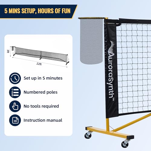 AuroraSynth Portable Pickleball Net Set with Wheels, 22 x 3ft Regulation Size Pickle Ball Net with Ball Collector, 4 Pickle Balls, 4 Pickleball Paddles, Carry Bag for Backyards, Driveway, Garage