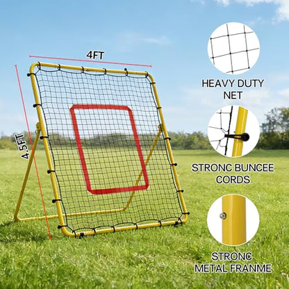 Baseball Rebounder Net 4x4.5 FT, Baseball and Softball Pitch Back Net with 3 Adjustable Angles, Solo Practice Trainer for Ground, Line Drive, Fly Ball, Improve Agility & Precision