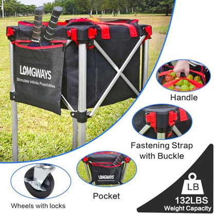 Pickleball Tennis Ball Hopper-Foldable Lightweight Tennis Cart Holds 180 Tennis/160 Pickleballs with Removable Bag,Wheels,Side Pocket for Training/Teaching, for Tennis/Pickleball/Baseball/Softball - style: Red