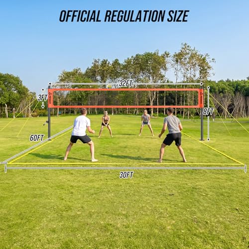 Professional Heavy Duty Volleyball Net Set for Backyard & Beach, Outdoor Net System with Steel Anti-Sag Winch, 32FT Reinforced Net, Height Adjustable Rust-Resistant Aluminum Poles, Portable Carry Bag