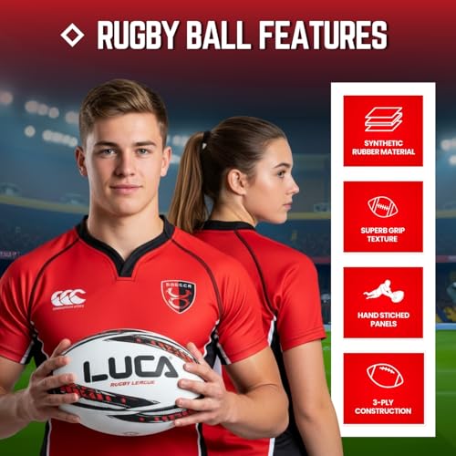LUCA Rugby Ball Youth and Adult Sizes 3, 4 & 5 - Hand Stitched Super Grip Training Ball - Durable 3-Ply Waterproof Surface for College & Club Practice - color: Red, Black, White, size: 5
