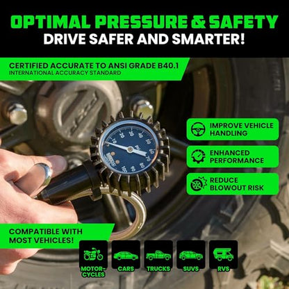 Rhino USA Tire Pressure Gauge with Inflator (0-100 PSI) - Heavy Duty Air Chuck and Compressor Accessories with Stainless Braided Hose, Large Analog Dial and Solid Brass Hardware for Truck and RV