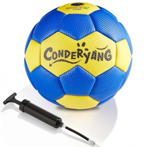 Handball Ball with Pump Needle PU Blue and Yellow Hand Ball Balls Single Handball Attractive and Durable Design for Youth League Game Training Practice - size: 6.7 Inch，Size 2