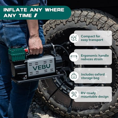 12V Air Compressor, 125PSI Tire Inflator with In-line Pressure Gauge, 5.65CFM Fast Inflation for Off-road Vehicles, Trucks, SUVs, RVs, ATVs, DC Power, Corded Electric - style: Single Cylinder + Inline Gauge