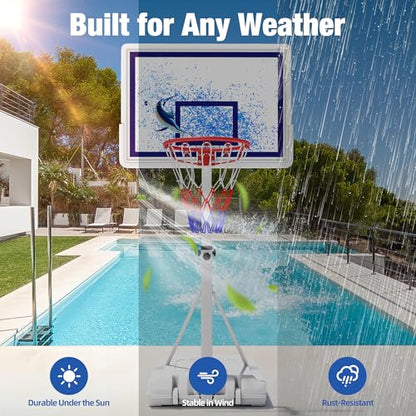 Swimming Pool Basketball Hoop with Shatterproof Backboard, Height Adjustable Basketball Hoop for Pool (3-4 FT) with 50L Fillable Base, Portable Poolside Basketball Hoop Set with Ball & Air Pump