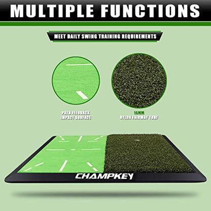 CHAMPKEY Heavy-Duty Golf Hitting Mat - Swing Path Feedback Golf Practice Mat - Ideal for Indoor and Outdoor Training - size: 13" x 17", style: Impact & Fairway Mat with 2 Pads