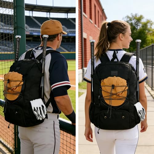 MATEIN Baseball Backpack, Softball Bat Bag with Shoes Compartment for Youth, Boys and Adult, Lightweight Baseball Bag with Fence Hook Hold TBall Bat, Batting Mitten, Helmet, Caps, Teeball Gear - color: Black, size: 29L