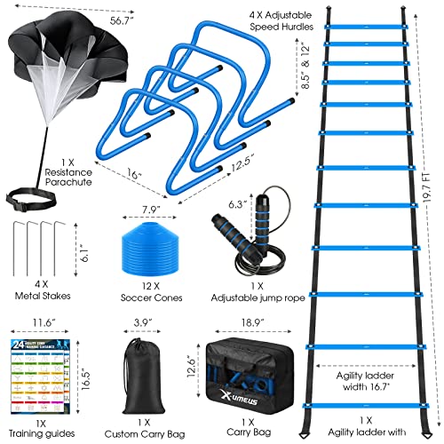 X-UMEUS Agility Ladder Speed Training Equipment Set-20ft Agility Ladder,12 Soccer Cones,4 Hurdles, Jump Rope, Running Parachute| Basketball Football Soccer Training Equipment for Kids Youth Adults - color: Blue