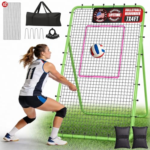 Suteck 7x4ft Volleyball Rebounder Net 2-Net System, 5-Angle Adjustable & Durable Trainer for Spike, Serve, Passing & Solo Practice, Includes Storage Bag for Easy Travel & Portability - color: Green