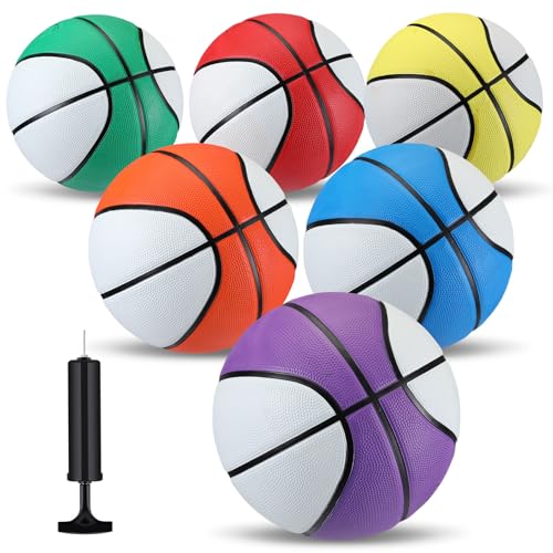 Jenaai 6 Pcs Rubber Basketballs Official Size Bulk Streetballs Multicolor Basket Balls with Pump Plain Basketball Set for Adult Youth Gifts Indoor Outdoor Training Games - size: Size 5, style: White Stitching