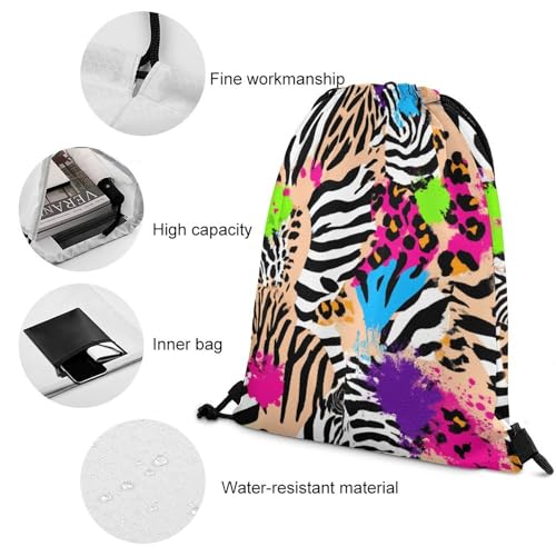 Theft Proof Cinch Sack Drawstring Backpack Water Resistant for Camping Travel Sports Gear Men Women, Rainbow Animal Zebra Tiger Cheetah Leopard Print Splatter Bags - color: Picture (1007)