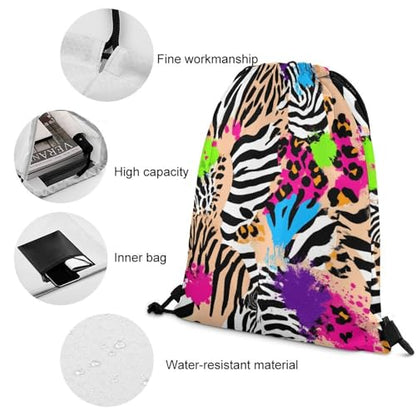 Theft Proof Cinch Sack Drawstring Backpack Water Resistant for Camping Travel Sports Gear Men Women, Rainbow Animal Zebra Tiger Cheetah Leopard Print Splatter Bags - color: Picture (1007)