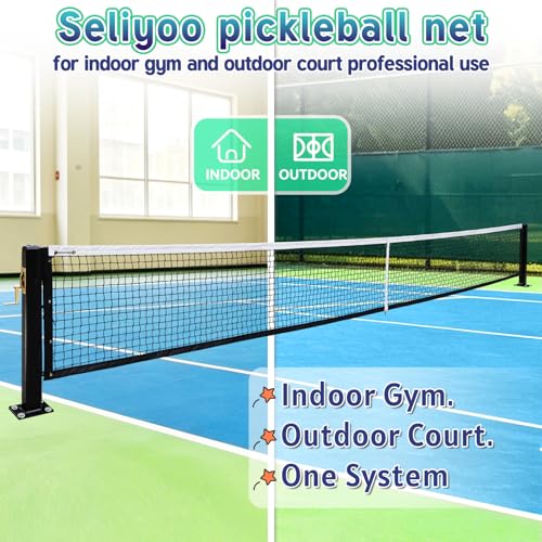 Seliyoo Professional Pickleball Net System for Tournament Courts -22FT Regulation Heavy Duty Carbon Steel Posts with Premium Cast Brass Winder,Handle,Pulley - Indoor/Outdoor Surface Mount - color: Black