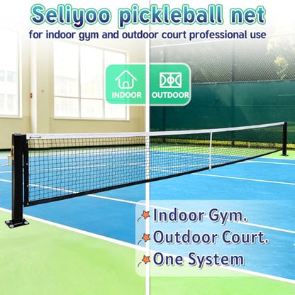 Seliyoo Professional Pickleball Net System for Tournament Courts -22FT Regulation Heavy Duty Carbon Steel Posts with Premium Cast Brass Winder,Handle,Pulley - Indoor/Outdoor Surface Mount - color: Black