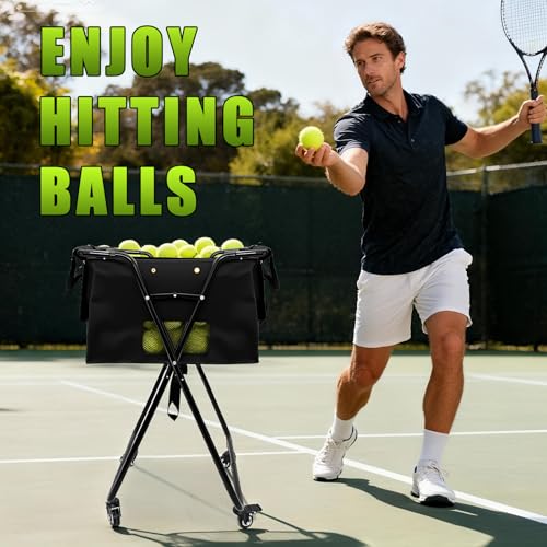 Tennis Ball Hopper Cart with 4 Wheels，Foldable Large Capacity Pickleball & Tennis Ball Collector for Court Training, Coaching