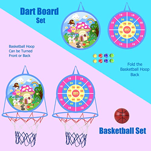 2 in 1 Basketball Hoop and Dart Board, 14" Dart Board for Kids, Basketball Hoop for Kids Toddlers, Sports & Outdoor Play, Birthday Gift Toys for 3 4 5 6 7 8 9 10 Year Old Boys Girls Kids, Party Favors - style: 2 in 1 Pink Fairy Theme
