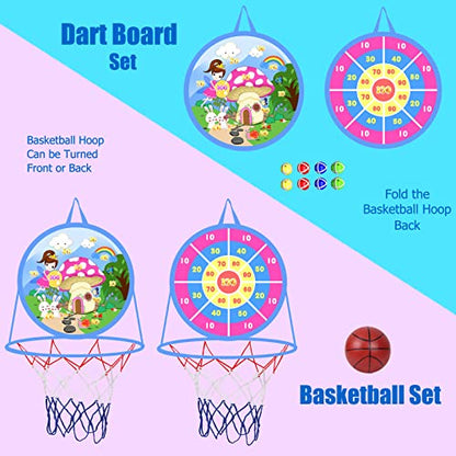 2 in 1 Basketball Hoop and Dart Board, 14" Dart Board for Kids, Basketball Hoop for Kids Toddlers, Sports & Outdoor Play, Birthday Gift Toys for 3 4 5 6 7 8 9 10 Year Old Boys Girls Kids, Party Favors - style: 2 in 1 Pink Fairy Theme