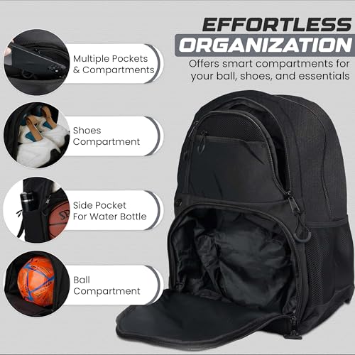 Soccer & Basketball Sports Bag with Ball Pump - Basketball Backpack with Separate Ball & Shoes Holder Compartment, Soccer Basketball Football & Volleyball Bag with Large Capacity - color: Black, style: Bag Only