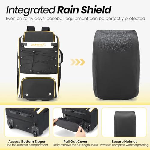 Leather Rolling Baseball Bag - Youth Softball Bag with Wheels for Boys Girls - Rain Cover & Mud Guard for Clean Car - Premium 4-Bat Tournament Roller - Large Equipment Organizer