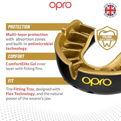 OPRO Gold Level Moldable Mouth Guard Premium Fit (Black/Gold) Adult & Kids Boxing Mouthguard for MMA & Impact Sports, Easy Self-Fit Mouth Guard for Sports, Football & Hockey - Includes Case