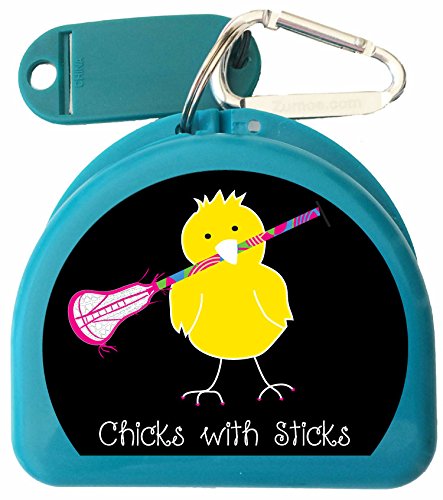 Lacrosse Mouthguard Case – Retainer, Dental Guard & Aligner Holder with Secure Carabiner Clip, Writable Name Tag, and Lax Chick Design - color: Aqua