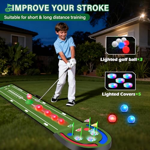 VATOS Upgraded Golf Putting Mat Indoor for kids - Golf Game Set with LED Balls, Glow Cups, Irons & Putters, Portable Putting Green Outdoor for Home Backyard Office Party, Golfing Gifts for Kids Adults