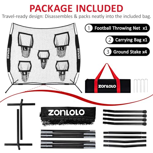 Zonlolo 7×7ft Football Throwing Net, Football Training Net,Target Practice with 5 Different Sized L/M/S Targets | Great for Quarterback | Includes Compact Carrying Bag - color: Black
