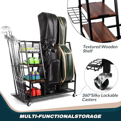 Sttoraboks Golf Bags Storage Garage Organizer, Golf Bag Rack Fits 2/3 Golf Bags and Golf Equipment Accessories, Golf Club Storage Stand with Wooden Shelf and Lockable Wheels for Garage Indoor Basement - style: 2pcs Bag Stand