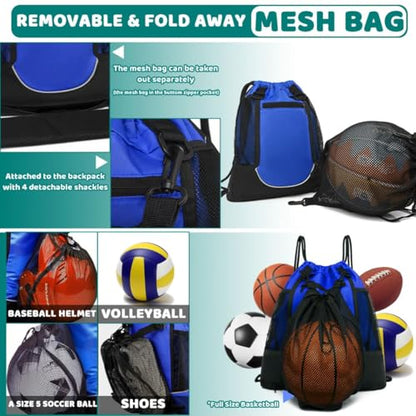 STAY GENT Drawstring Basketball Backpack for Boys, Foldable Soccer Backpack Gym Bag Sackpack Sports Sack with Detachable Ball Mesh Bag for Volleyball Baseball Yoga - color: Blue