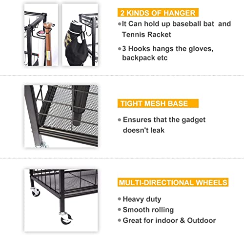 Heavy Duty Garage Sports Equipment Organizer, Ball Storage Rack, Sports Gear Basketball Storage with Baskets, Hooks, Steel Rolling Sports Cart, Outdoor/Indoor Schools, Gyms, Gymnasium, Black