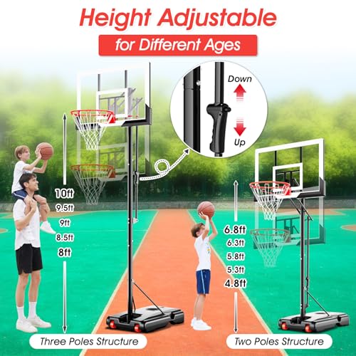 AWII SPORT Basketball Hoop Outdoor 44 Inch Shatterproof Backboard 4.8-10ft Height Adjustable Portable Basketball Hoop Goal System for Kids Youth Adults Play in Backyard/Courts/Indoor