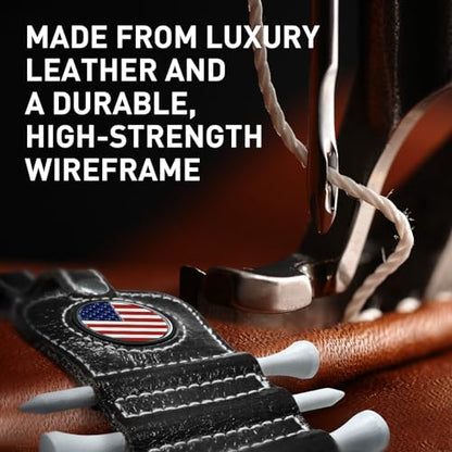 VEASAERS Golf Tee Holder with USA Ball Marker 4 Pcs White Wood Tees, Portable Hold Different Tee Leather Gift Hook Hanging Clip to Golf Bag Belt - color: Black