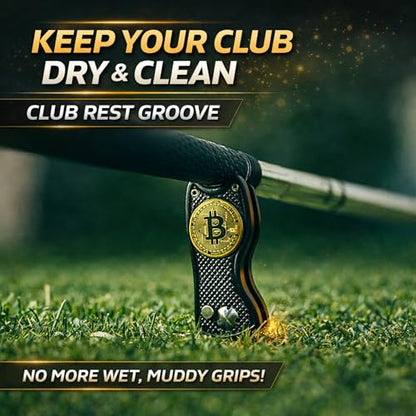 Bitcoin Golf Divot Repair Tool, All-Metal Golf Accessories - 3- in-1 Golf Multitool (Divot Tool, Ball Marker, Club Holder) | Foldable with with Pop-up Button & Magnetic Ball Marker