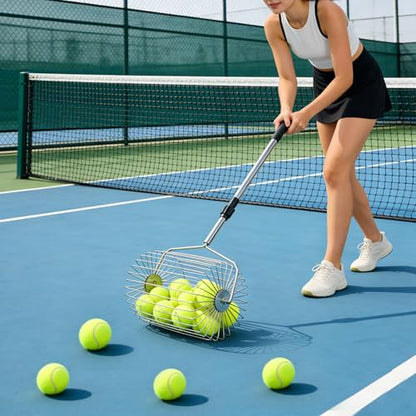 Stainless Steel Tennis Ball Picker Upper Adjustable Cylinder Hopper with Hangable Handle, Portable Tennis Ball Collector and Basket for Easy Pickup and Training, Holds 60+ Balls