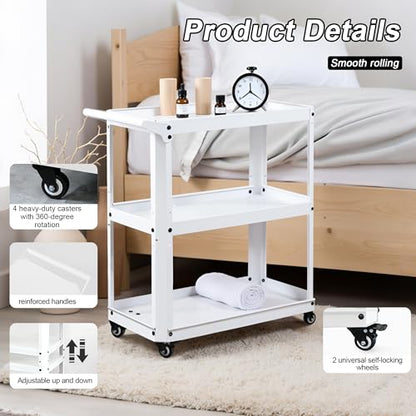 3 Tier Metal Utility Rolling Cart with Wheels, Heavy Duty Storage Organizer Trolley Cart for Kitchen, Bathroom, Office, Bedroom – Multi-Purpose 330Lbs Capacity Utility Cart on Wheels, White - color: White