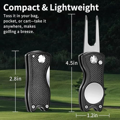Golf Divot Repair Tool - Foldable Golf Repair Kit with Sturdy Handle & Magnetic Pop-up Button Ball Marker - color: black